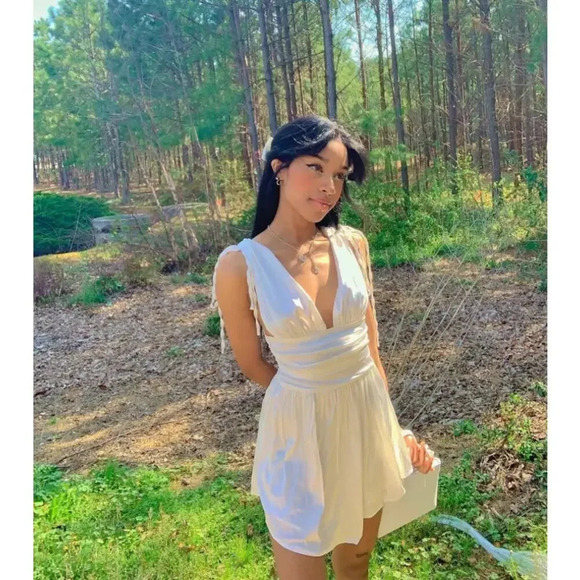 Cider Solid Satin Ruched Mini Dress Ivory White Size L NWT - Picture 2 of 9